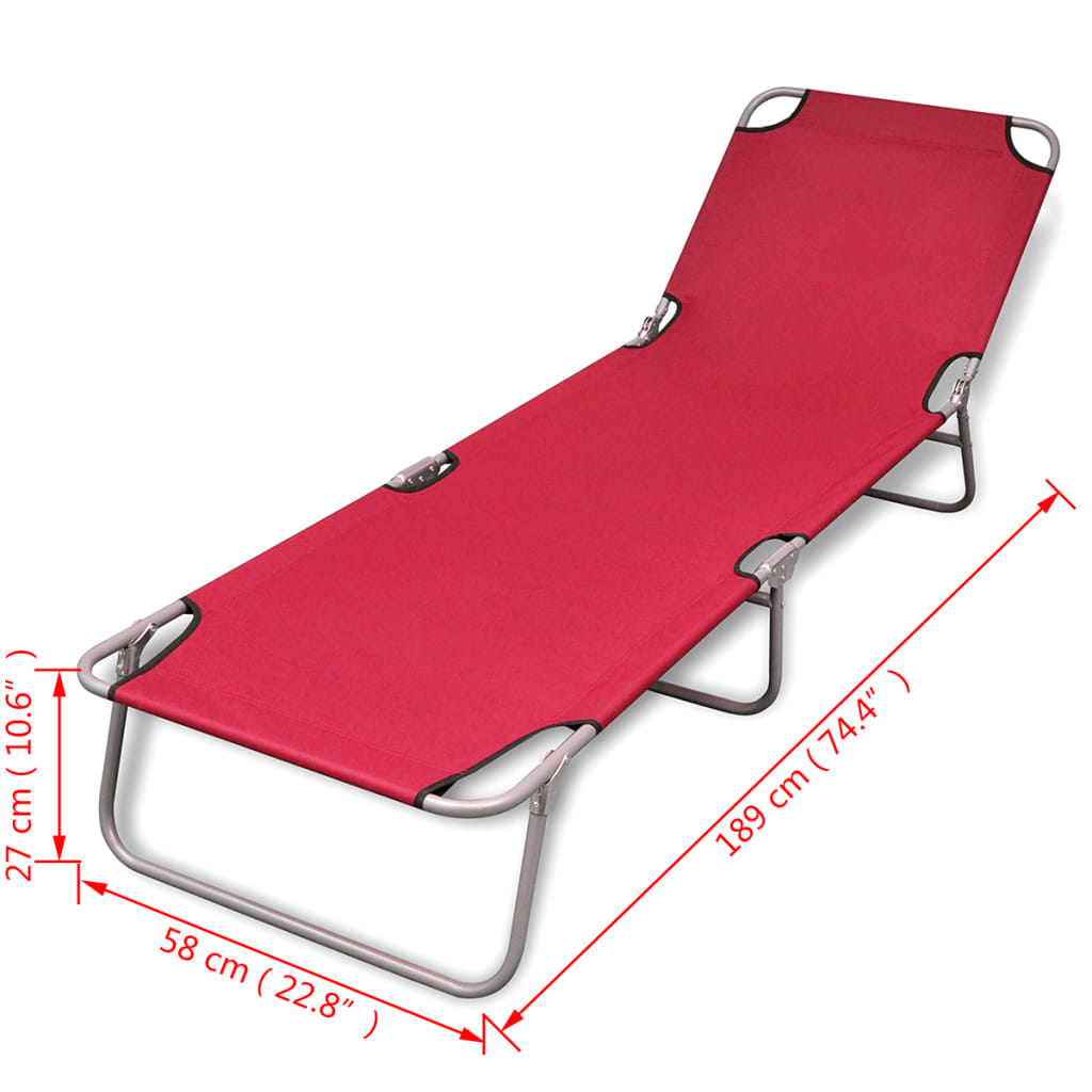 Espreguiçadeira dobrável NNEVL de aço pintado em pó vermelho, com estrutura resistente e assento confortável para descanso ao ar livre.