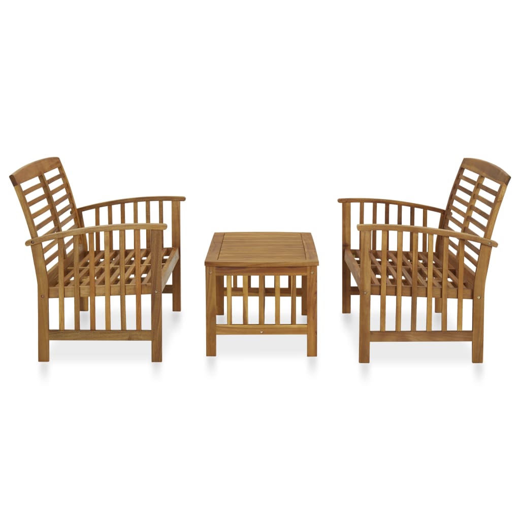 Conjunto de mobiliário de jardim NNEVL com 3 peças em madeira de acácia sólida, incluindo duas poltronas e uma mesa de centro.
